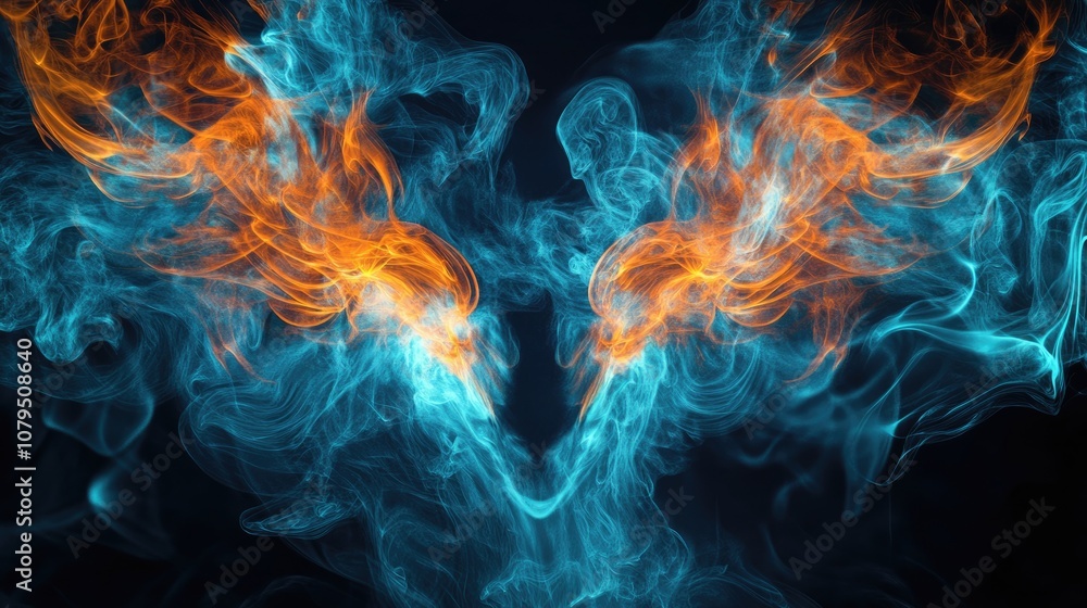 Fototapeta premium Abstract pattern of colored smoke backlit in blue and turquoise forms the head of a mystical creature with wings in a 3D cartoon rendering against a black isolated background symbolizing soul and