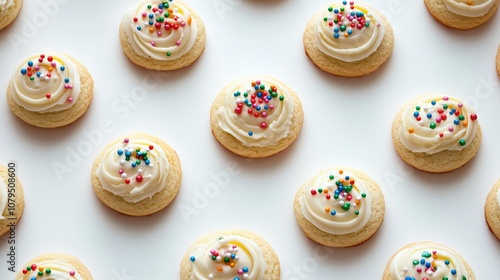 Assorted Delicious Sugar Cookies with Creamy Icing and Colorful Sprinkles Arranged on a White Background for Festive Celebrations and Culinary Projects