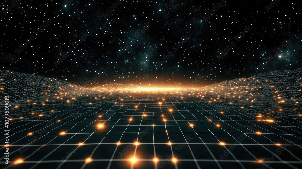 Obraz premium Abstract landscape in a dark background with a star horizon featuring a cyberspace grid and hi tech network in a 3D cartoon rendering Starry outer space texture 3D illustration