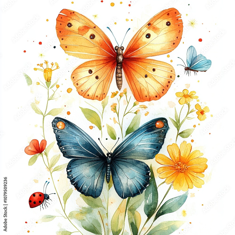 Colorful butterflies and ladybugs on vibrant flowers nature scene watercolor art outdoor environment close-up view beauty of insects Colorful butterflies and ladybugs on vibrant flowers nature scene watercolor art outdoor environment close-up view beauty of insects