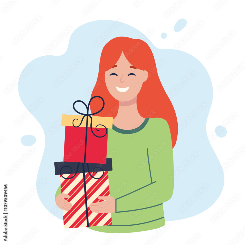 Obraz premium Happy red-haired woman with gifts. Christmas design. Vector simple flat illustration
