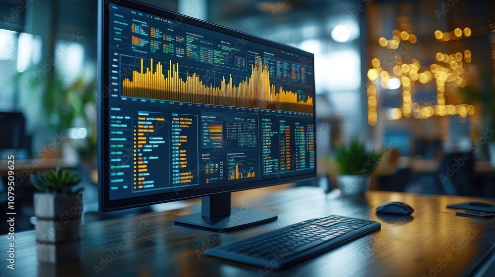 A computer monitor displaying data analytics and performance metrics. A computer monitor displaying data analytics and performance metrics.