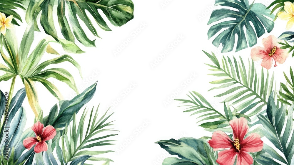 Seamless watercolor pattern of tropical Hawaiian palm leaves and wildflowers ideal for backgrounds textures and decorative borders Seamless watercolor pattern of tropical Hawaiian palm leaves and wildflowers ideal for backgrounds textures and decorative borders