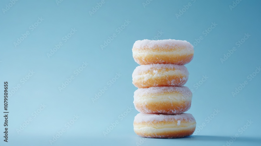 Four Deliciously Soft and Fluffy Doughnuts Stacked on a Blue Background, Perfect Sweet Treat for Any Occasion or Bakery Advertisement Four Deliciously Soft and Fluffy Doughnuts Stacked on a Blue Background, Perfect Sweet Treat for Any Occasion or Bakery Advertisement