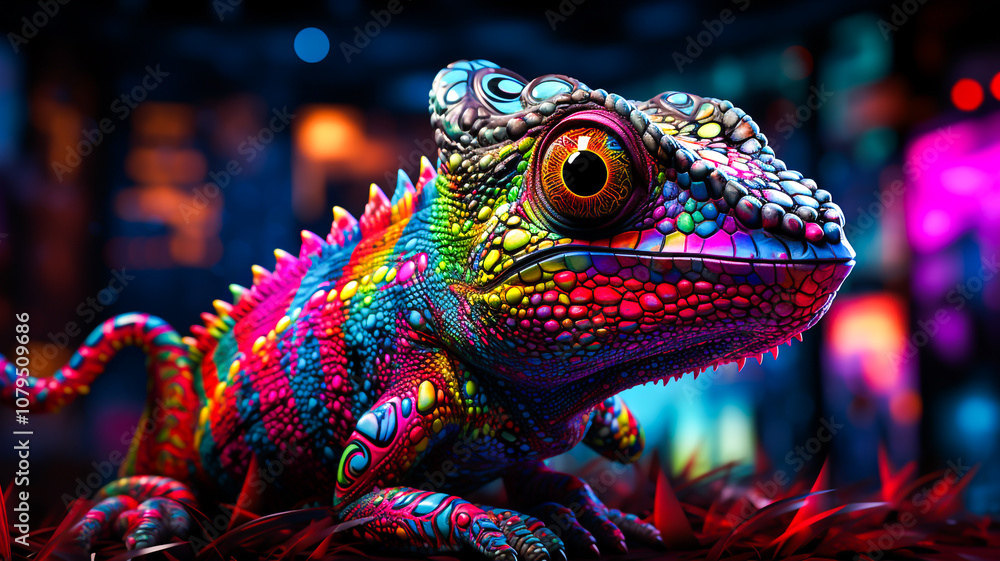 Obraz premium neon chameleon scaly body with vibrant rainbow colors, red eyes.
