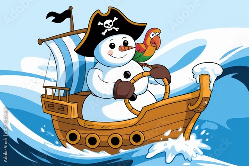 Playful Cartoon Pirate Snowman Parrot Steering Ship - Whimsical Holiday Illustration Christmas Marketing, Decorations, Kids' Entertainment photo