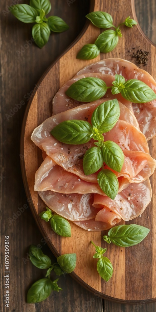 Italian prosciutto slices garnished with fresh basil leaves and a sprinkle of aromatic spices on a wooden board, texture, culinary, presentation Italian prosciutto slices garnished with fresh basil leaves and a sprinkle of aromatic spices on a wooden board, texture, culinary, presentation