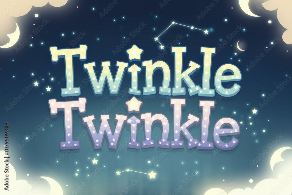 Naklejka premium Whimsical Night Sky Illustration Stars Clouds - Dreamy Pastel Design Children's Party Invitations, Nursery Decor, Celebrations