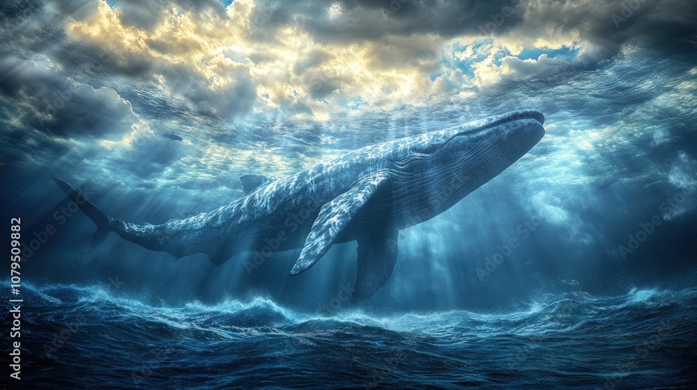 Fototapeta premium A majestic whale swims through the ocean depths, bathed in sunlight.