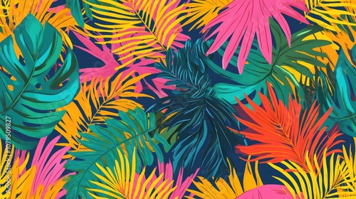 Modern abstract seamless pattern featuring vibrant tropical leaves Bright retro summer background with jungle foliage illustration Botanical design for swimwear Vintage exotic print