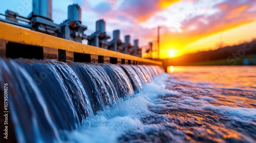Fototapeta Naklejka Na Ścianę i Meble -  A serene image of water cascading over a dam, captured beautifully against a vibrant sunset backdrop, evoking a sense of tranquility and the power of nature.