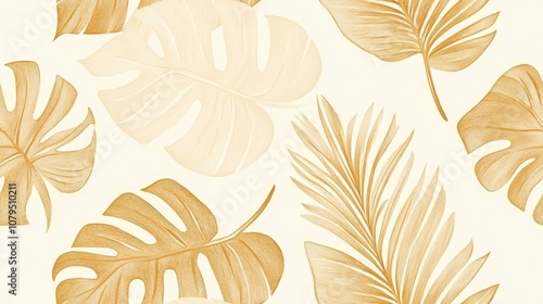 Tropical Leaf Outline Jungle Leaf Wallpaper Golden Botanical Leaf Watercolor Tropical Pattern Seamless Beige Leaves Pattern Isolated Cream Tropical Leaves