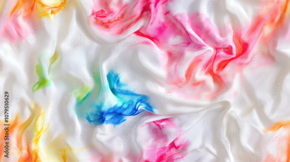 Seamless tie dye design on white silk fabric featuring hand painted nodular batik and shibori dyeing techniques