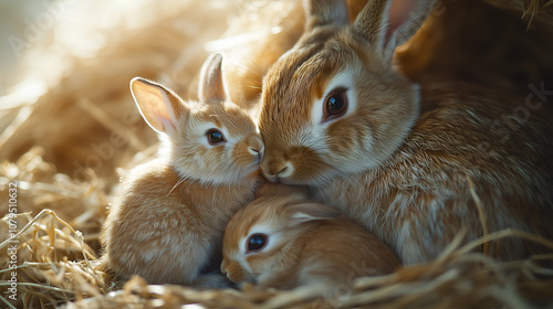 rabbits in the forest, with soft fur and big ears. The sunlight shines through the leaves on them photo