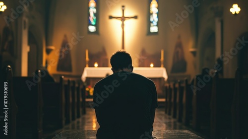 A man kneels in prayer in a church, with the altar and crucifix in the background.