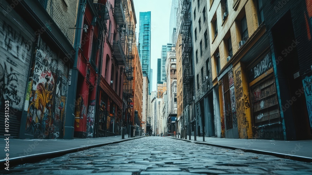 Fototapeta premium Urban Alleyway with Vibrant Street Art and Cobblestone Pathways in a Bustling City Center Showcasing a Unique Blend of Architecture and Graffiti