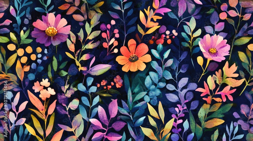 Seamless pattern featuring vibrant watercolor plants and flowers ideal for fabric designs and home decor Seamless pattern featuring vibrant watercolor plants and flowers ideal for fabric designs and home decor