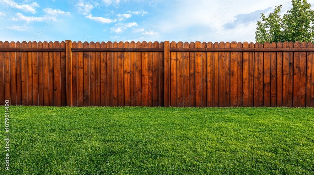 Fototapeta premium Rustic Wooden Fence with Vibrant Green Grass Under a Clear Blue Sky, Ideal for Outdoor Spaces and Landscaping Projects in Residential Areas