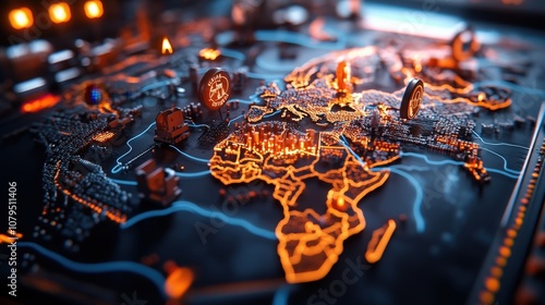 A digital map featuring glowing city indicators and technological network paths over a dark background signifies the world's interconnected nature. photo