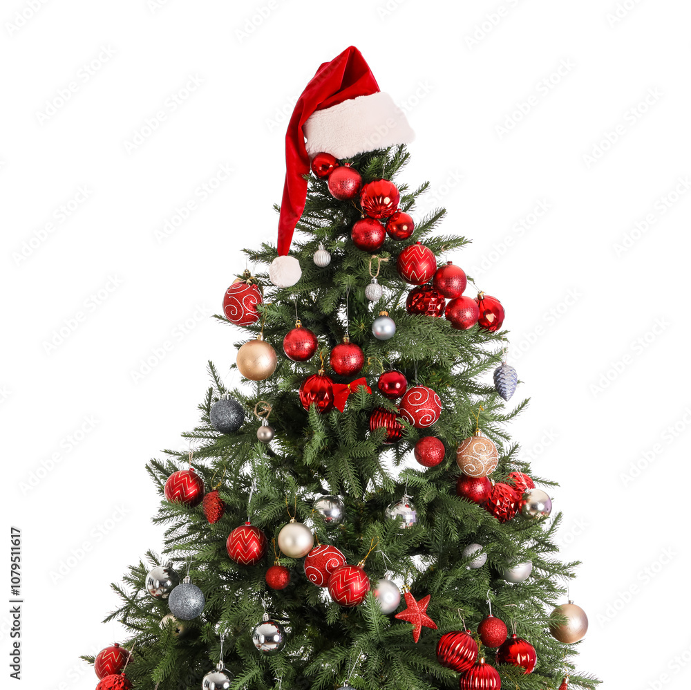 Christmas tree with Santa hat on white background. Closeup Christmas tree with Santa hat on white background. Closeup