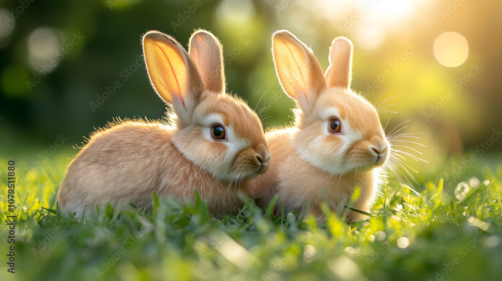 rabbits in the forest, with soft fur and big ears. The sunlight shines through the leaves on them rabbits in the forest, with soft fur and big ears. The sunlight shines through the leaves on them