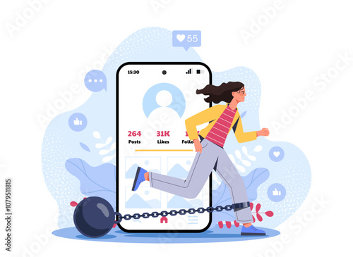 Woman with digital addiction. Young girl with weight on leg runs from smartphone screen. Mental and psychological problems. Person with social media addiction. Flat vector illustration