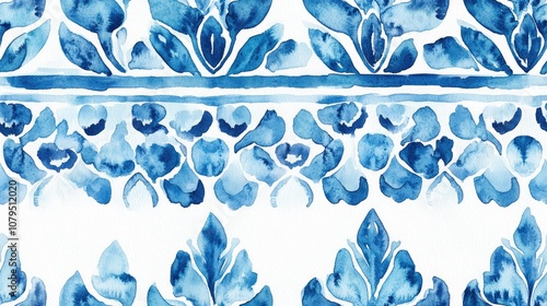 Original Watercolor Texture Santorini Pattern Vintage Stylish Tiling Folk Embroidery Border Batik Watercolor Seamless Aqua Geo Motifs Template