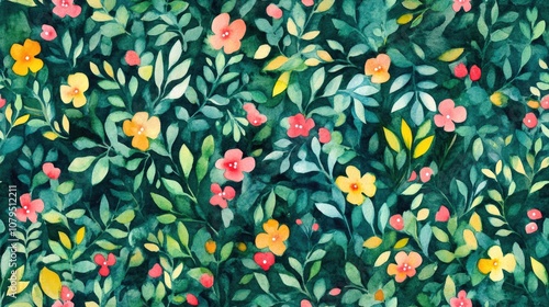 Seamless Hand Painted Watercolor Abstract Pattern of Small Ditsy Flowers and Leaves on Isolated Background