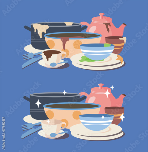 Dirty and clean dishes. Set of shiny ceramic dishes and kitchen utensils stained with dirt. Cleanliness and hygiene, routine and household chores. Flat vector illustration isolated on blue background