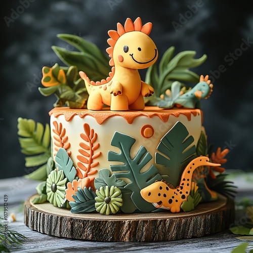 Dinosaur-themed birthday cake kitchen dessert photography cozy atmosphere close-up shot fun and creative concept