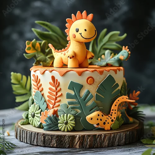 Fototapeta Dinosaur-themed birthday cake kitchen dessert photography cozy atmosphere close-up shot fun and creative concept