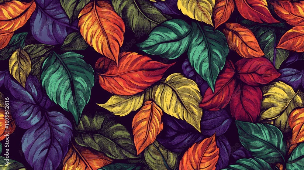 Seamless digital pattern featuring a vibrant bouquet of leaves in traditional batik style perfect for fabric design and home decor Seamless digital pattern featuring a vibrant bouquet of leaves in traditional batik style perfect for fabric design and home decor