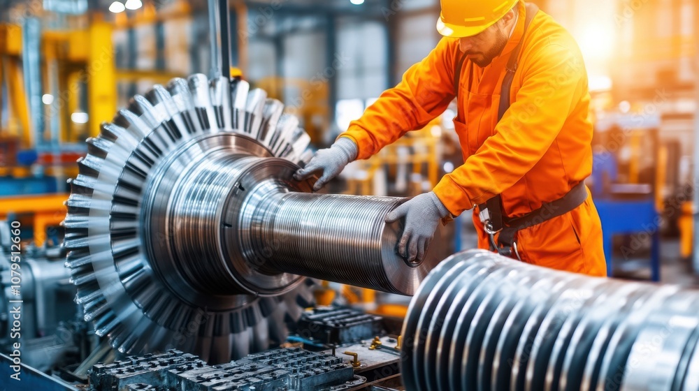 Worker in orange uniform inspects turbine blade for quality assurance in industrial setting Worker in orange uniform inspects turbine blade for quality assurance in industrial setting