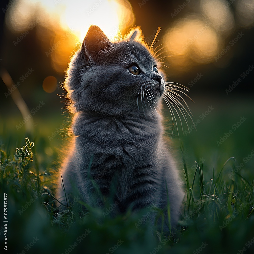 Φωτογραφία Curious cat watching the sunset outdoor grass field animal photography golden ho