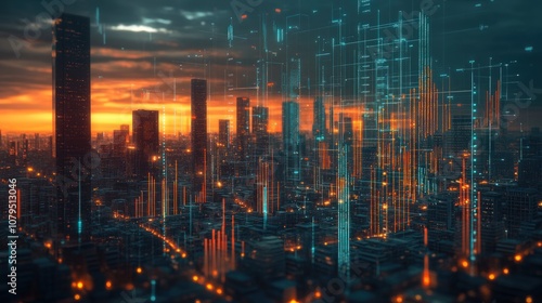 Wallpaper Mural Futuristic cityscape with glowing digital network overlay at sunset. Torontodigital.ca