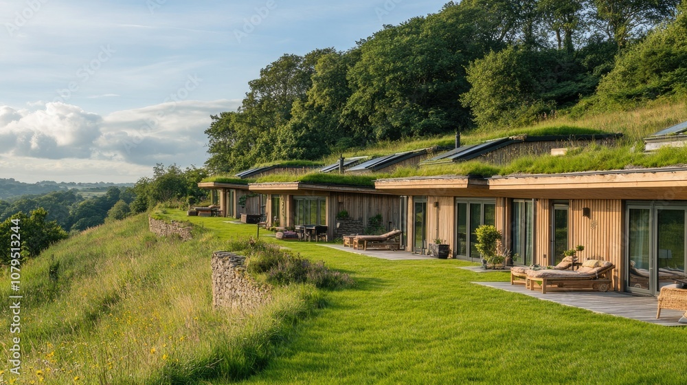 Modern Eco-friendly Cabins on Green Landscape Modern Eco-friendly Cabins on Green Landscape