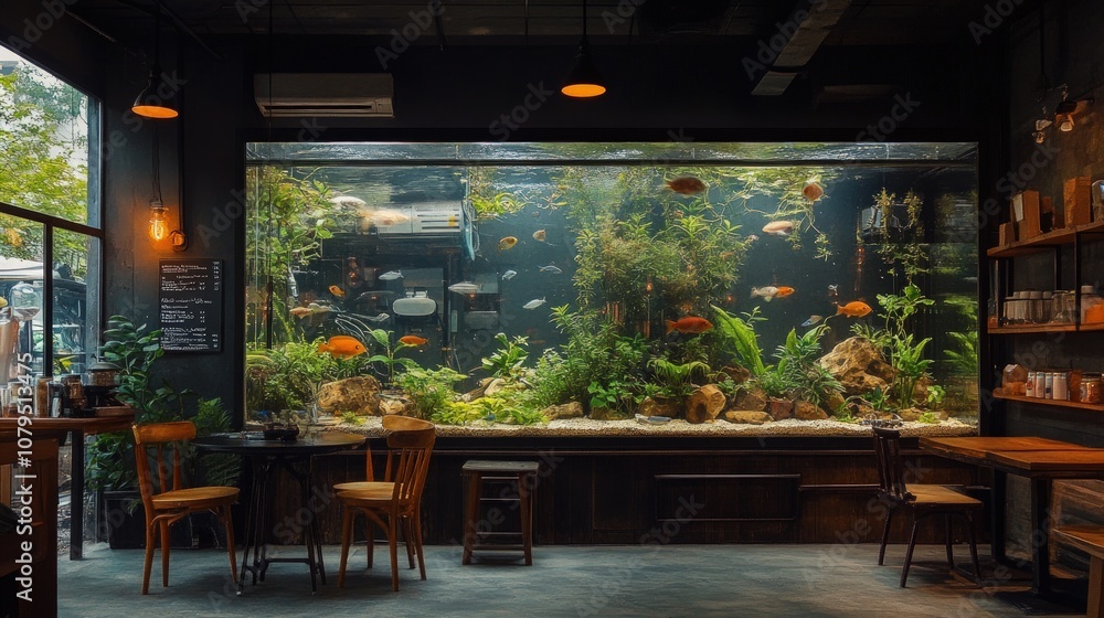 A large fish tank sits behind a table and chairs in a cafe. A large fish tank sits behind a table and chairs in a cafe.