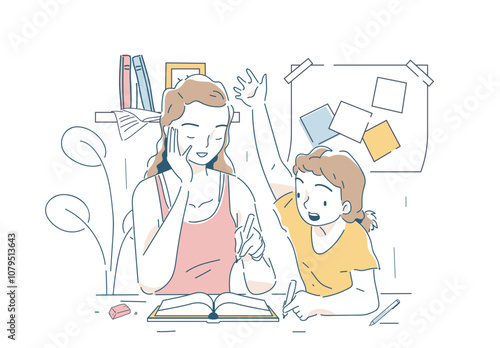 Daughter and mother doing homework. Woman and girl reading book together. Family preparing for test or examination. Education and training. Linear vector illustration isolated on white background