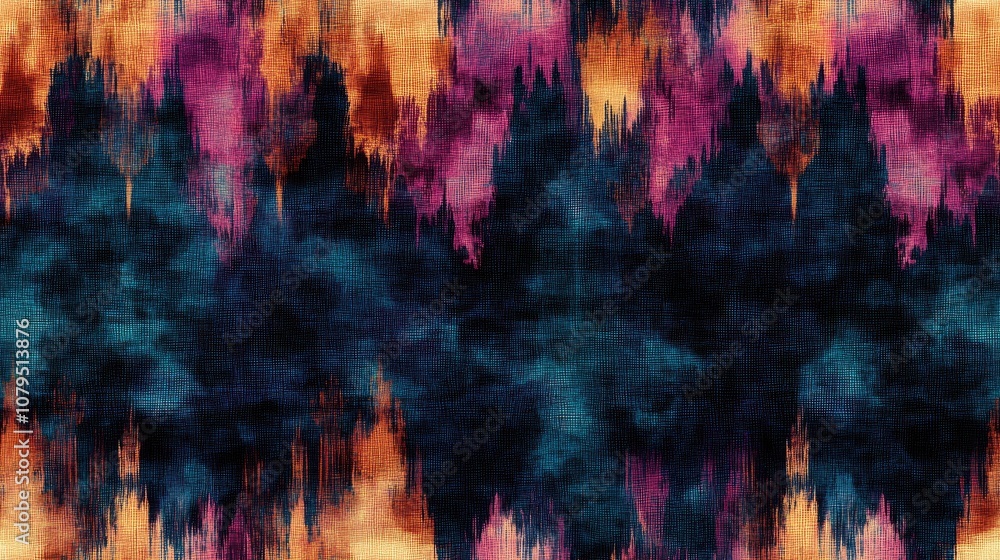 Fototapeta premium Ikat pattern featuring a dark mystic design with a seamless tie dye batik effect Aquarelle texture emulates a vintage style reminiscent of an African print on a distressed canvas