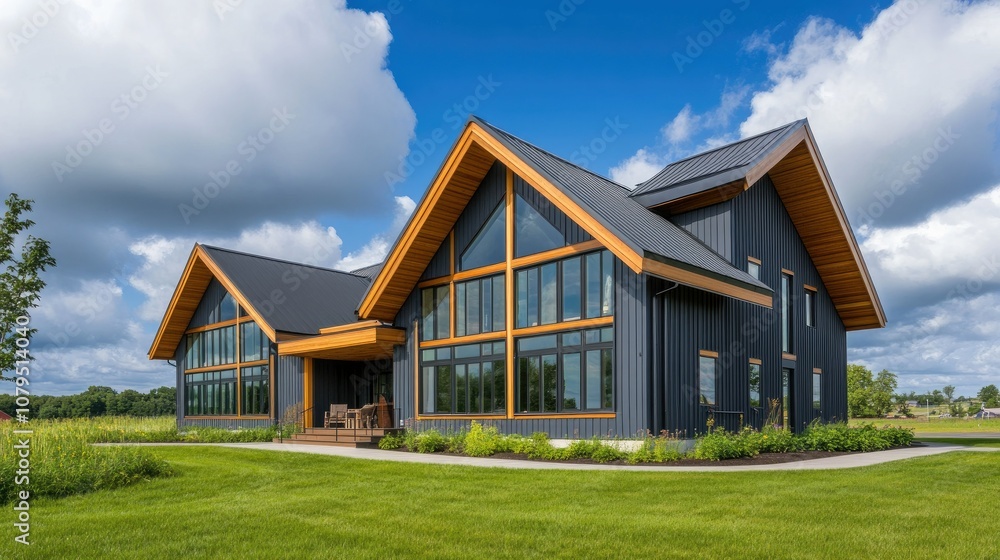 Modern House with Large Windows and Green Landscape Modern House with Large Windows and Green Landscape