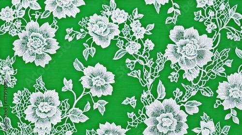 Seamless floral white lace pattern on vibrant green background for textile and wallpaper design