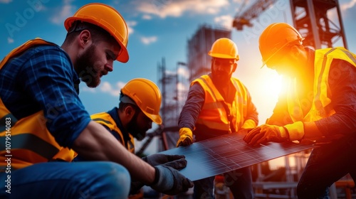 A group of construction workers in safety gear examine project plans on-site, ensuring accuracy and collaboration amidst the backdrop of a setting sun. photo