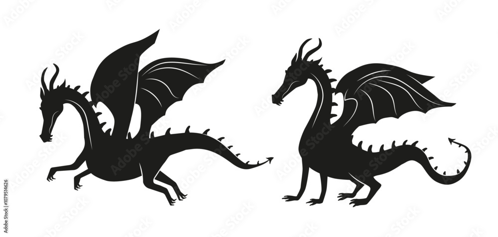 Set of dragons silhouettes. Fictional character from fairy tale. Magic and Witchcraft. Imagination and fantasy. Scary monster and animal. Flat vector collection isolated on white background Set of dragons silhouettes. Fictional character from fairy tale. Magic and Witchcraft. Imagination and fantasy. Scary monster and animal. Flat vector collection isolated on white background