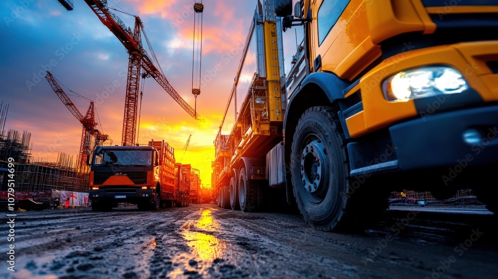 A busy construction site with trucks and cranes is seen under a dramatic sunset sky, highlighting industrial work amidst a backdrop of vibrant evening colors. A busy construction site with trucks and cranes is seen under a dramatic sunset sky, highlighting industrial work amidst a backdrop of vibrant evening colors.