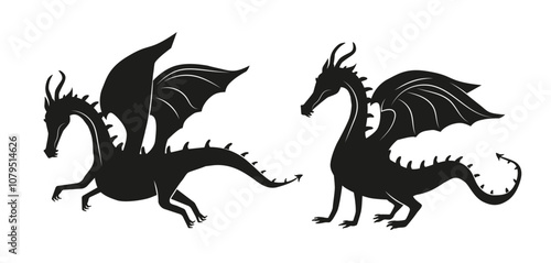 Set of dragons silhouettes. Fictional character from fairy tale. Magic and Witchcraft. Imagination and fantasy. Scary monster and animal. Flat vector collection isolated on white background