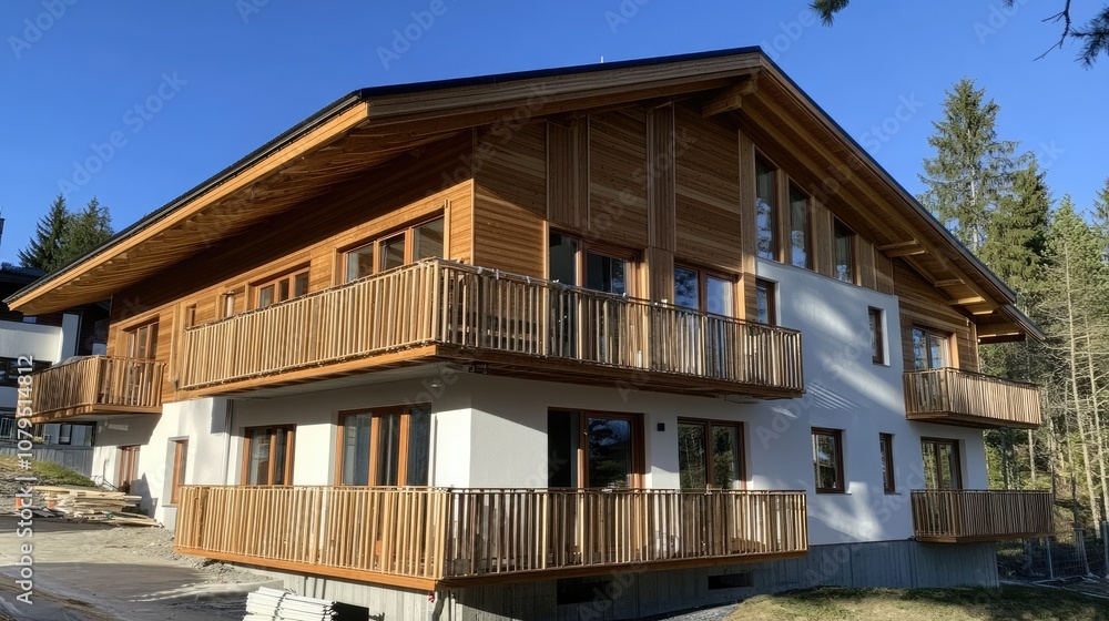 Modern Mountain House with Wooden Balconies and Views Modern Mountain House with Wooden Balconies and Views