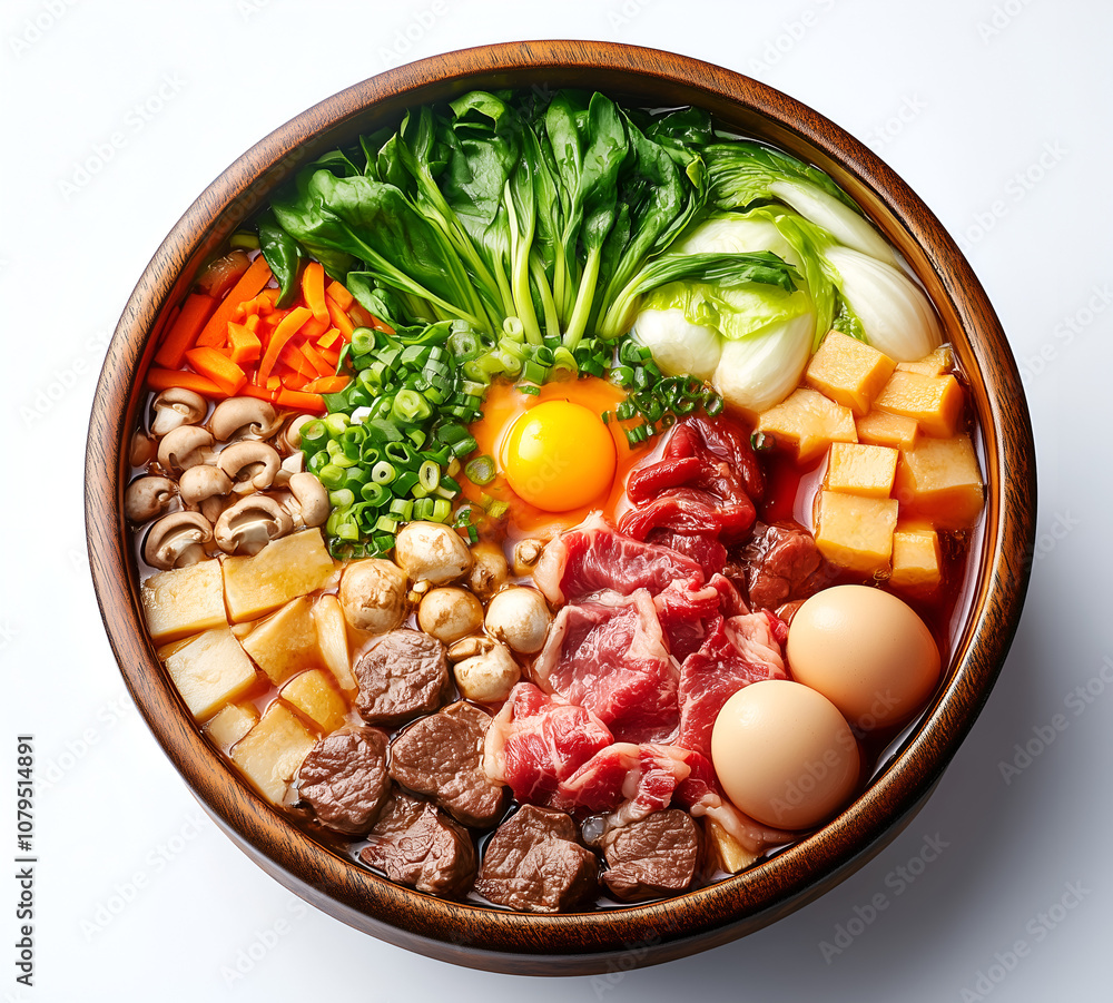 large ceramic pot filled with colorful ingredients, including mushroom soba noodles and carrots in the middle of it, is placed on an isolated white background. large ceramic pot filled with colorful ingredients, including mushroom soba noodles and carrots in the middle of it, is placed on an isolated white background.