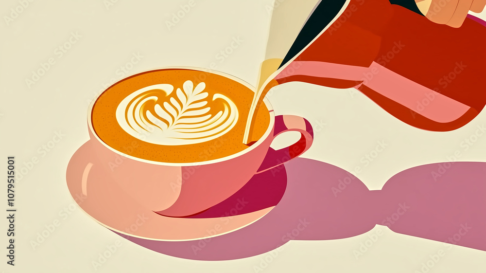 Barista pouring latte art into pink cup, creating beautiful design. warm colors and smooth texture evoke cozy coffee shop atmosphere Barista pouring latte art into pink cup, creating beautiful design. warm colors and smooth texture evoke cozy coffee shop atmosphere
