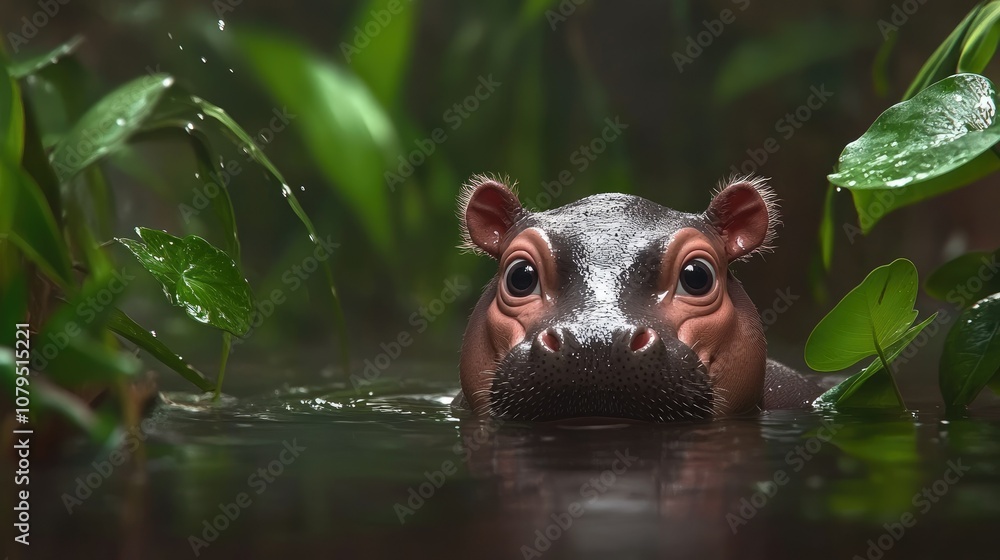 Fototapeta premium Hippo Emerging from Water Surrounded by Greenery