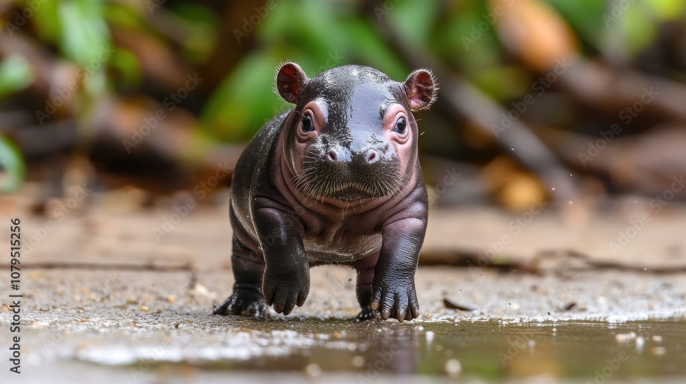 Young Hippo Walking Near Water's Edge Young Hippo Walking Near Water's Edge